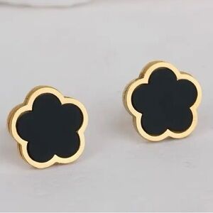 Stainless Steel 18K Gold Plated Clover Earrings with Black Center
